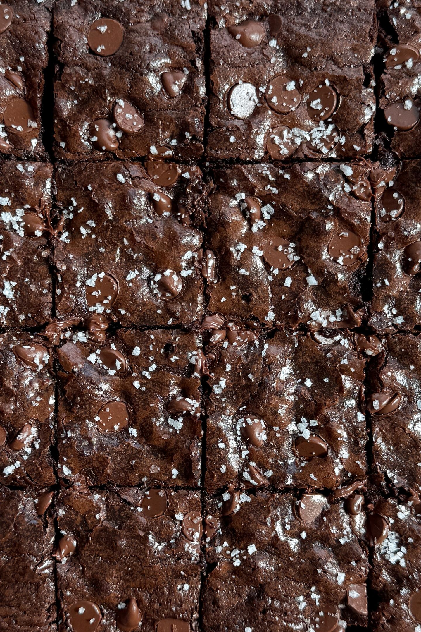 Sliced brownies topped with sea salt flakes.