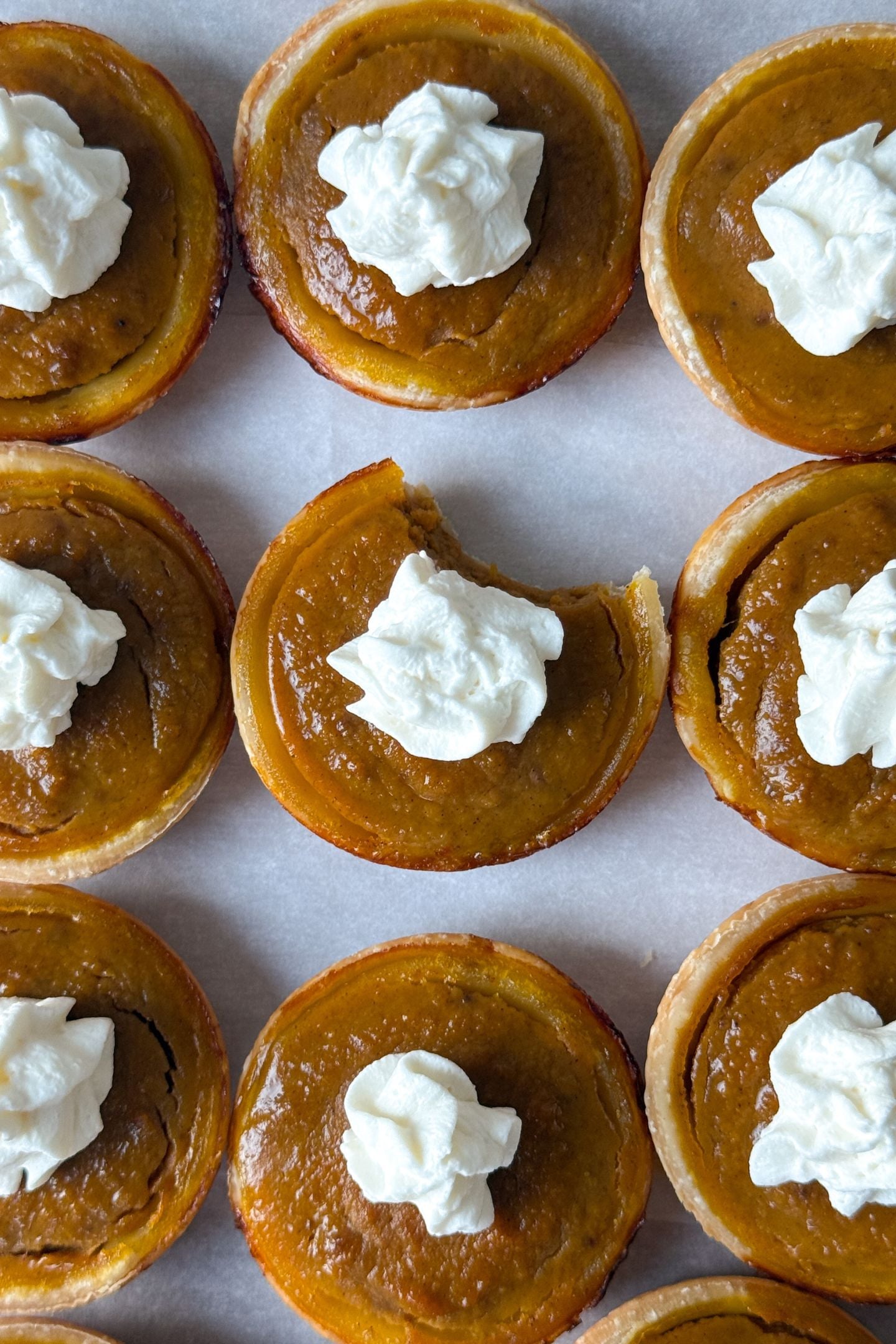 Mini Pumpkin Pies lined up on a platter. The one in the middle has a bite taken out of it.