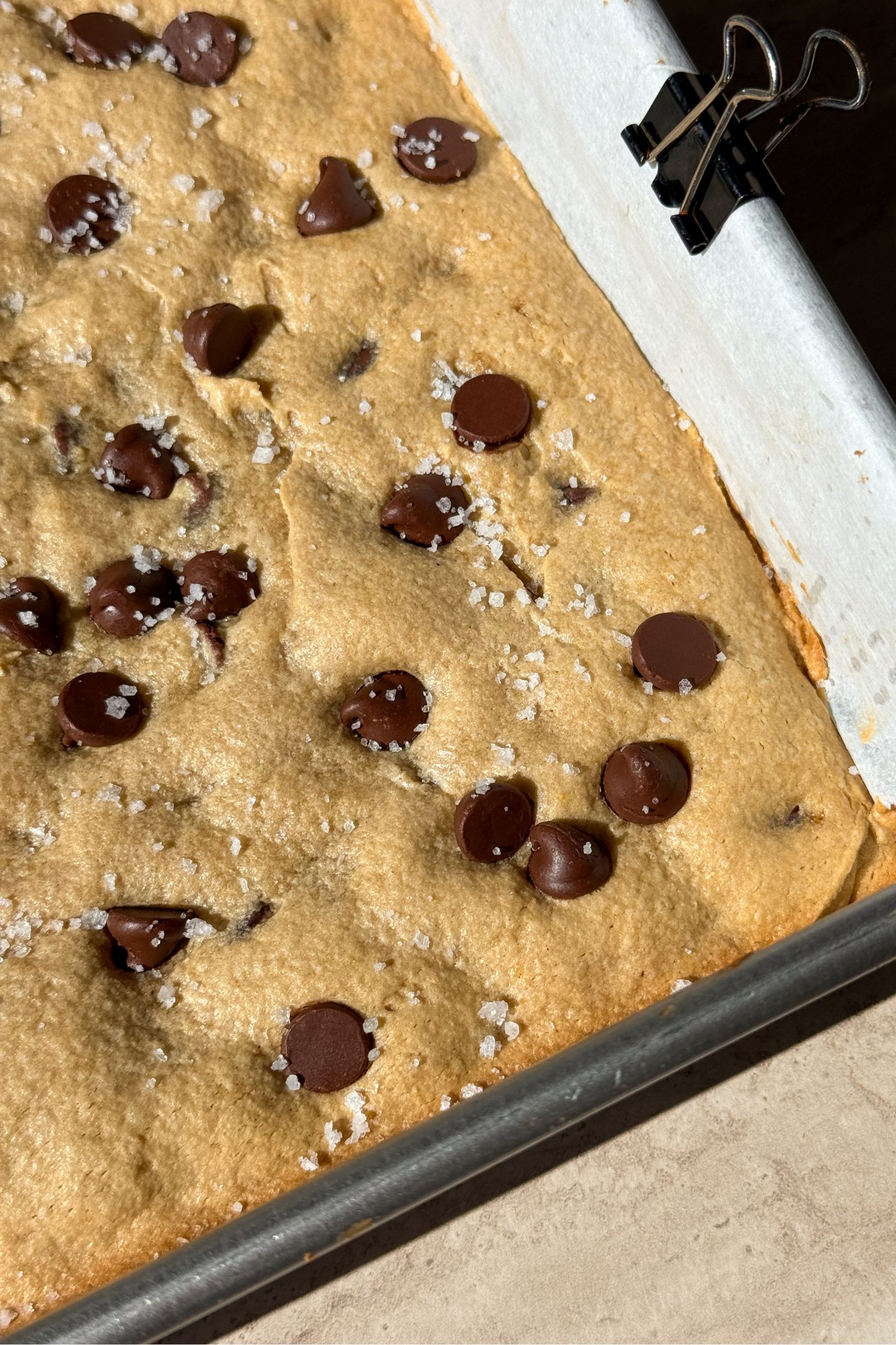 Baked blondies in the square pan.