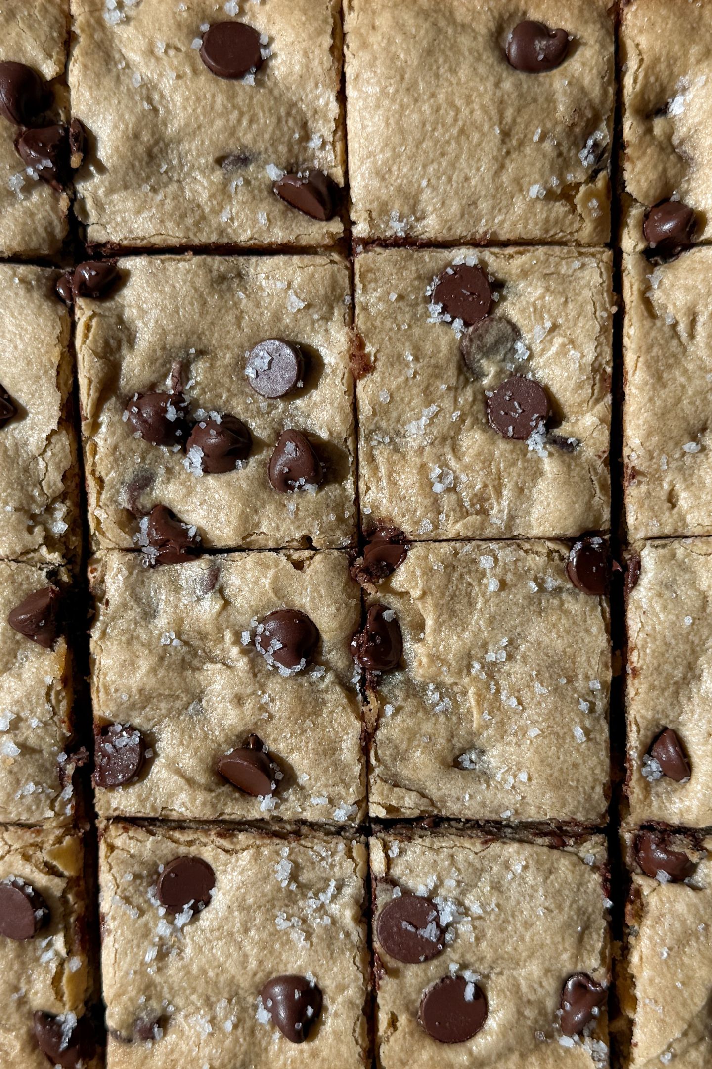 Sliced blondies topped with sea salt flakes.