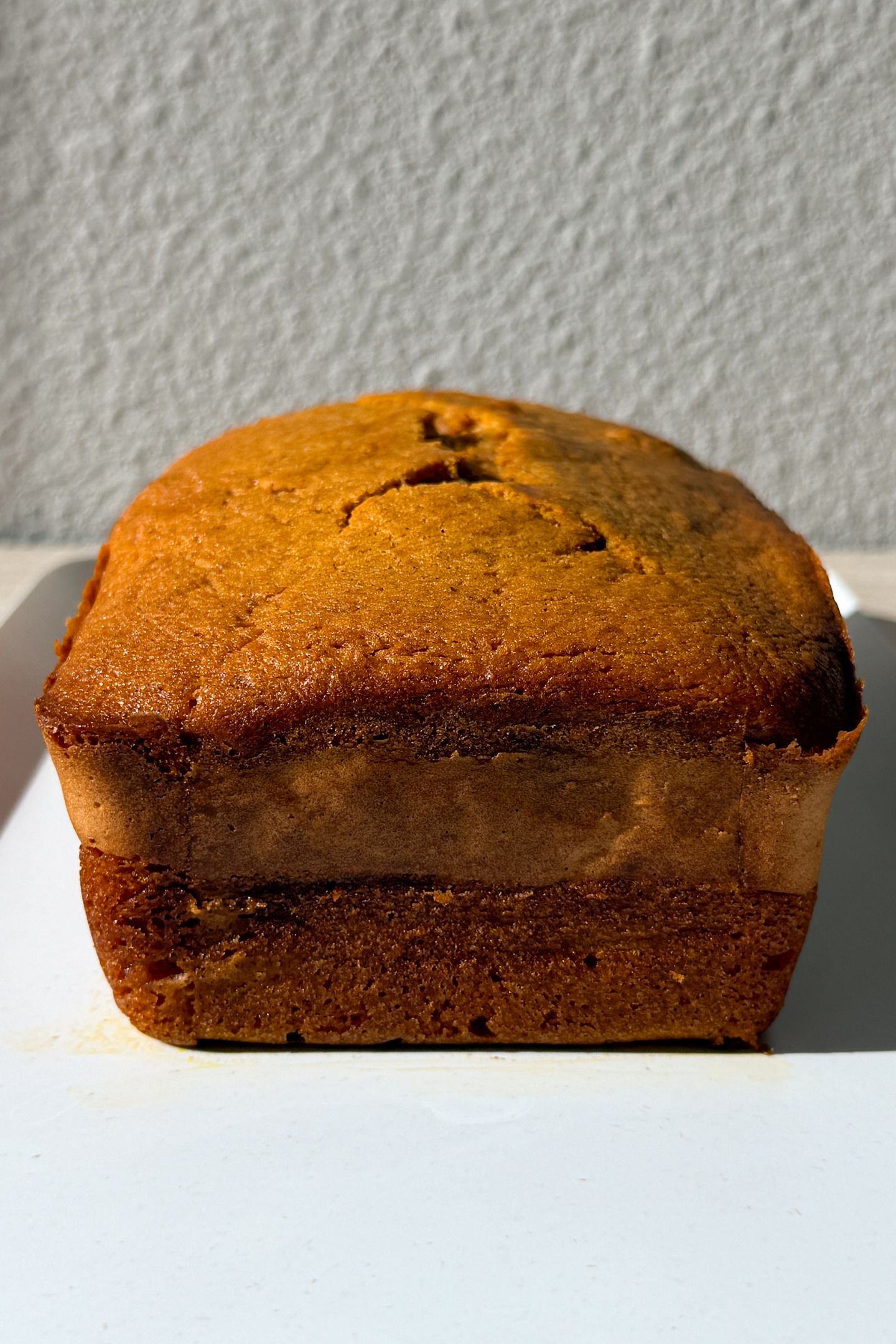 Side view of pumpkin cheesecake bread to show the layers.
