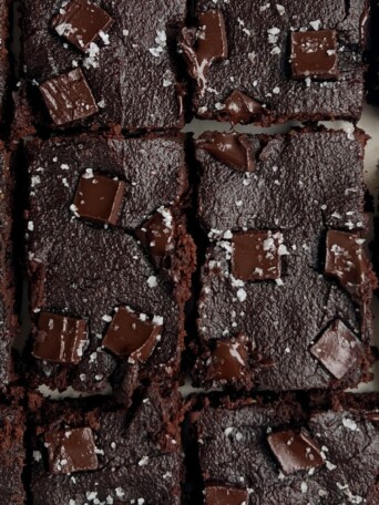 Sliced Healthy and Low Cal Brownies topped with sea salt flakes.