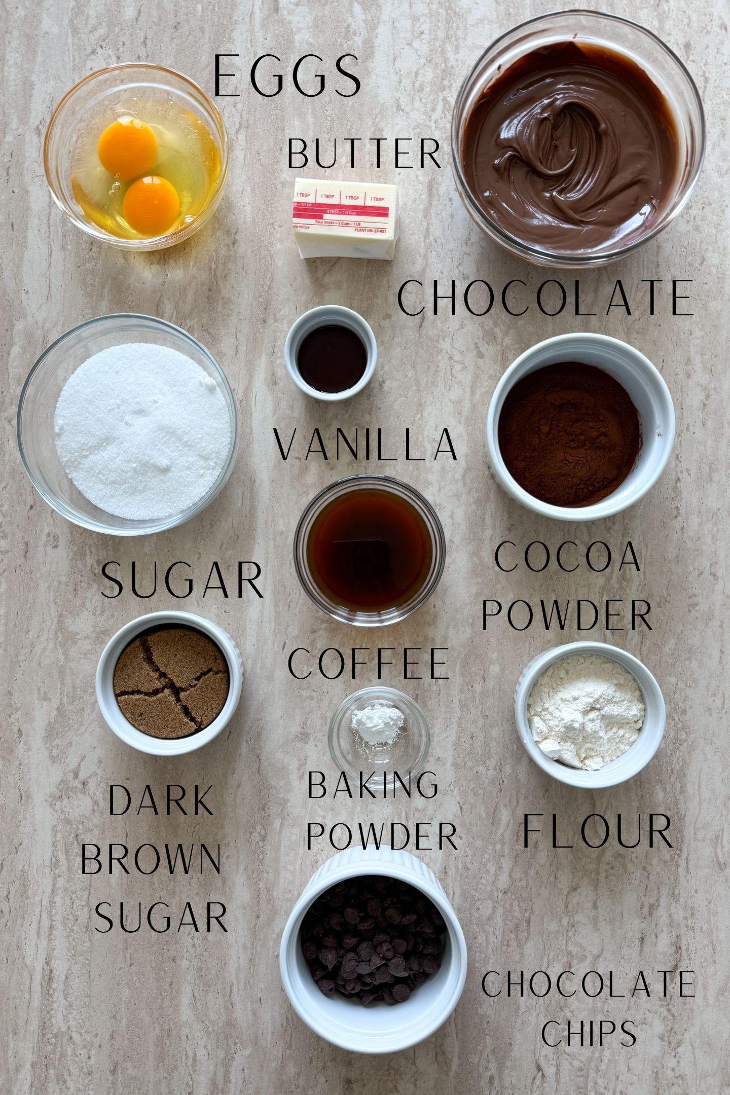 Ingredients measured out in bowls to make the brownie cookies.