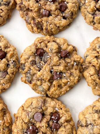 Oatmeal Raisin Cookies with chocolate chips and flaky sea salt.