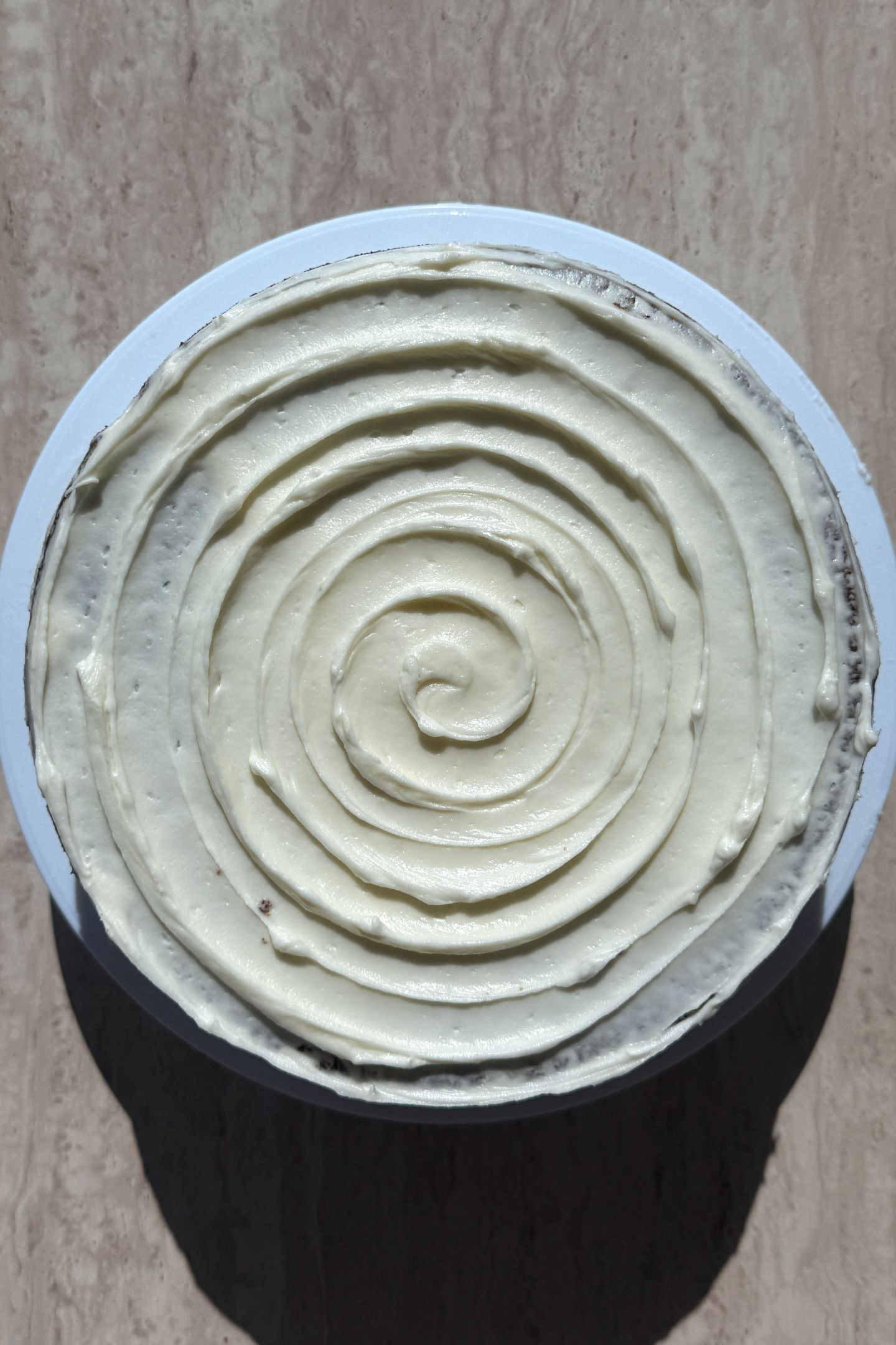 A bird's eye view of the frosted gluten-free carrot cake.