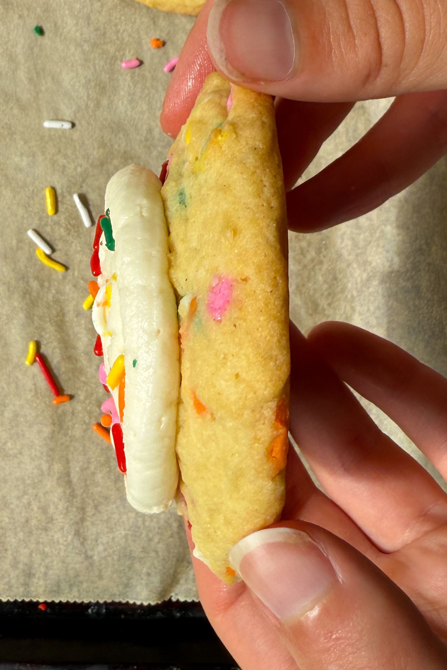 Holding a funfetti sugar cookie with frosting on top in my hand.