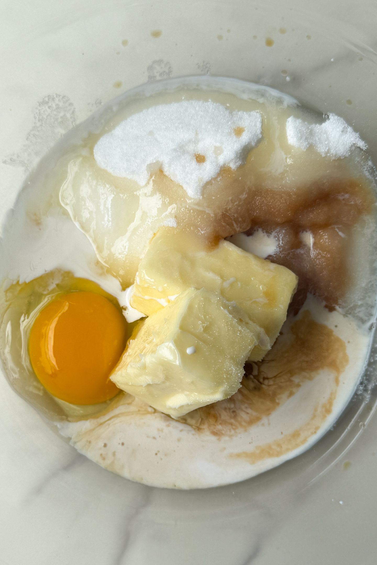 Wet ingredients in a bowl.