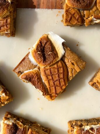 Sliced Peanut Butter blondies with toasted marshmallow on a platter.
