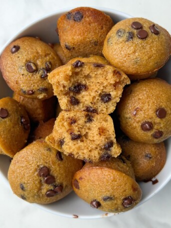 Mini Chocolate Chip Muffins in a bowl.