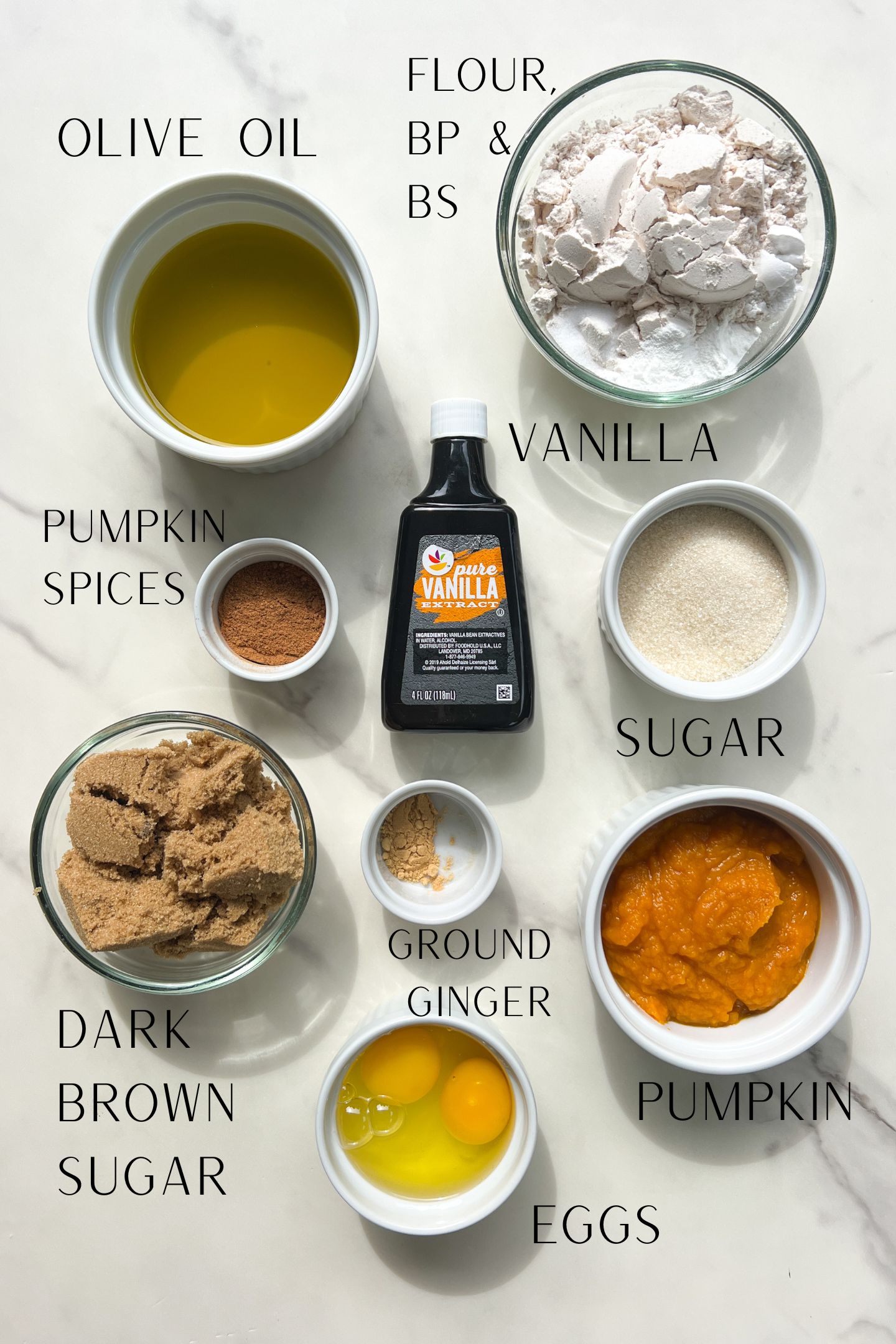 Pumpkin Olive Oil Cake Ingredients measured out in bowls.