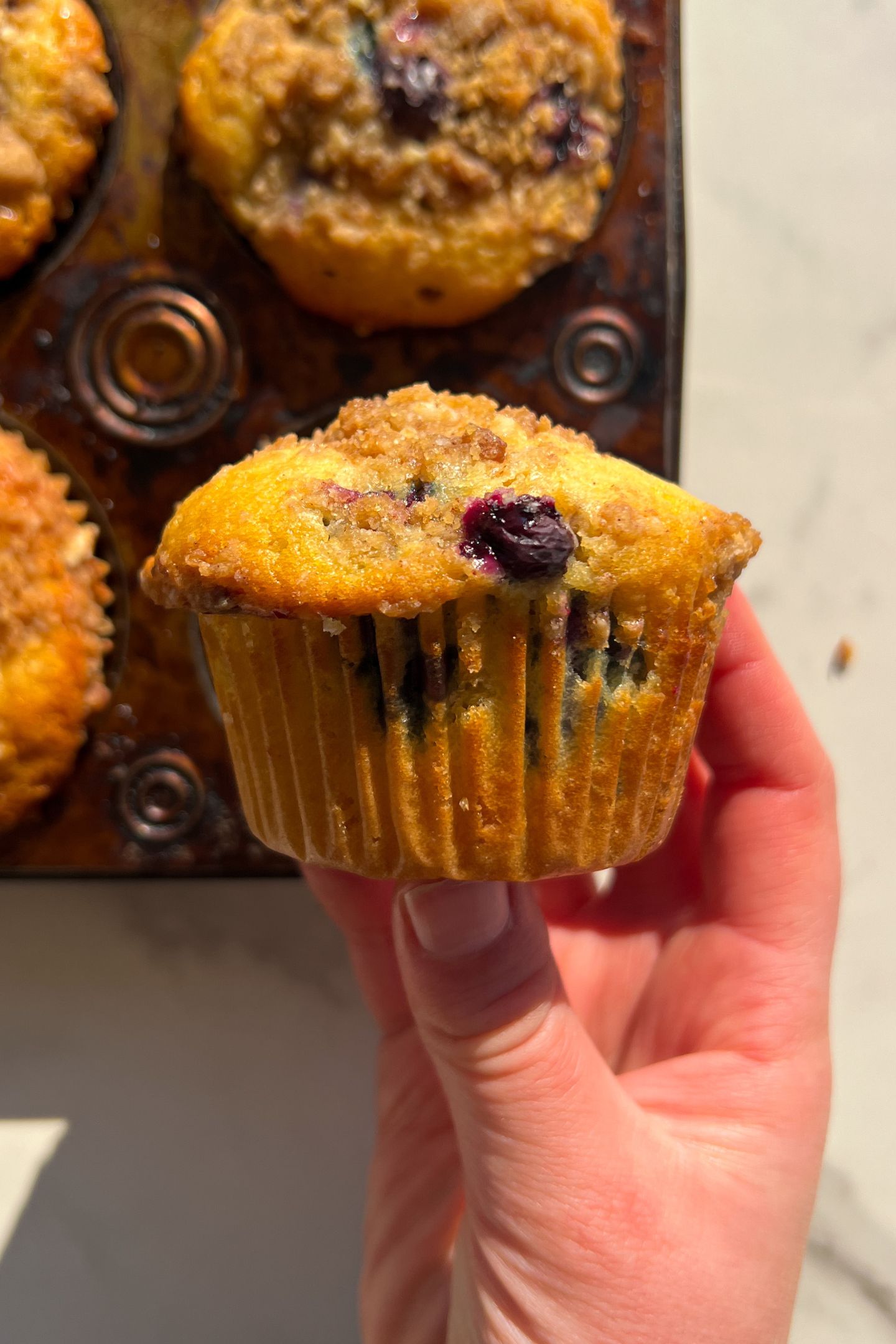 Holding a Blueberry Crumb muffin in my hand.