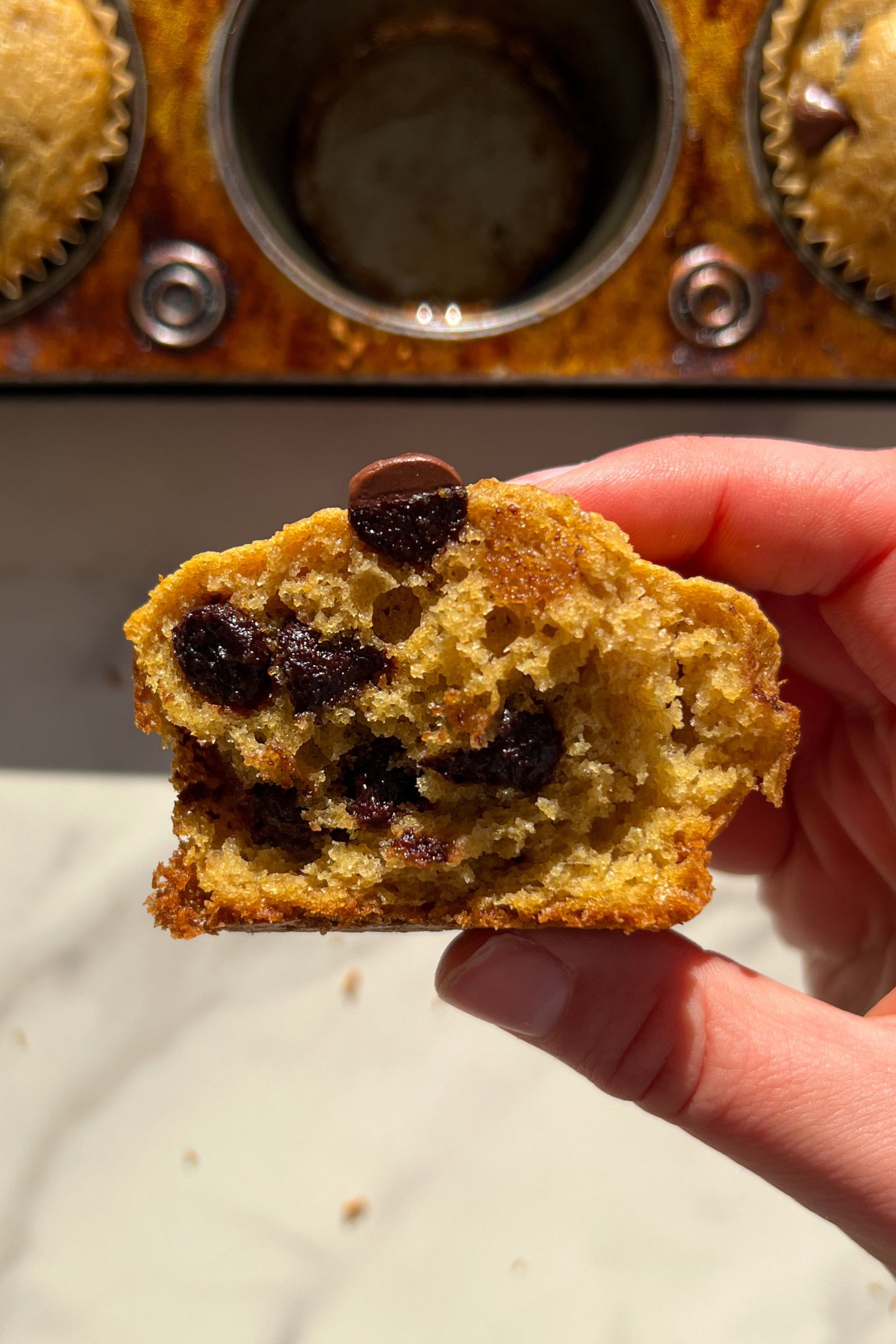 Holding half of a chocolate chip muffin in my hand.