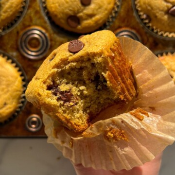 Holding a Kodiak Cake Chocolate Chip Muffin in my hand with a bite taken out of it.