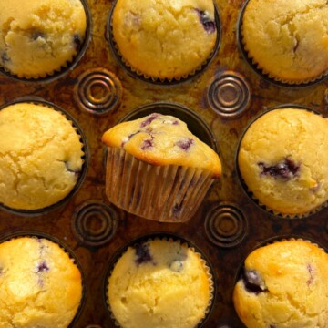 Lemon Blueberry Muffin freshly baked on its side in the muffin tin.