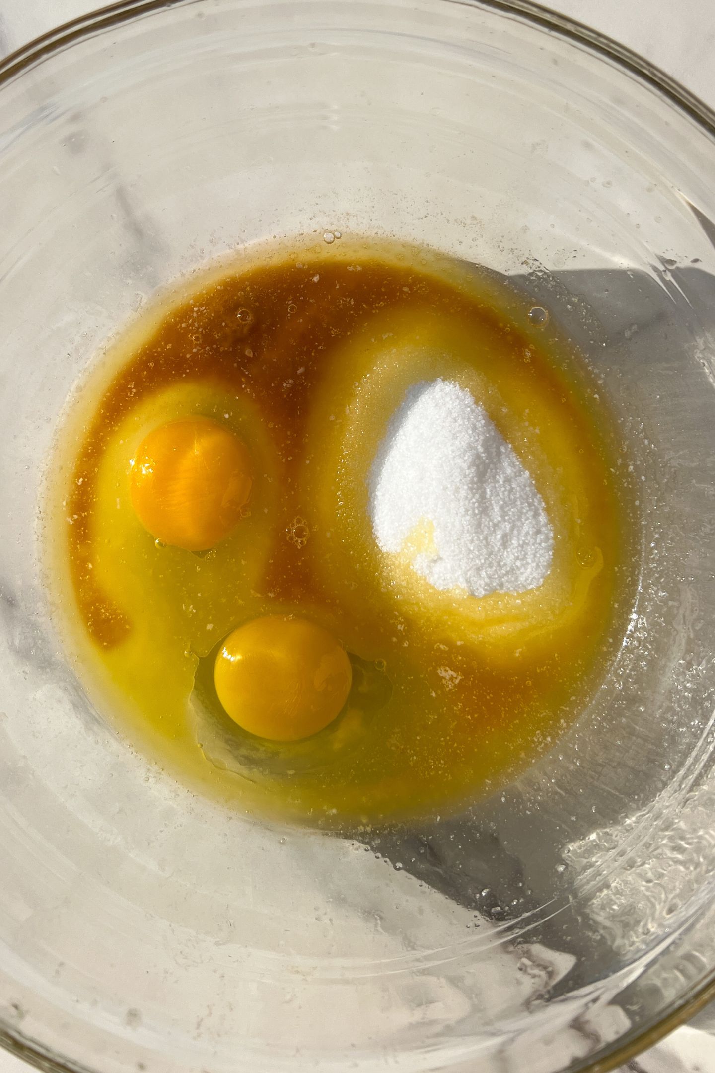 Wet ingredients in a mixing bowl.