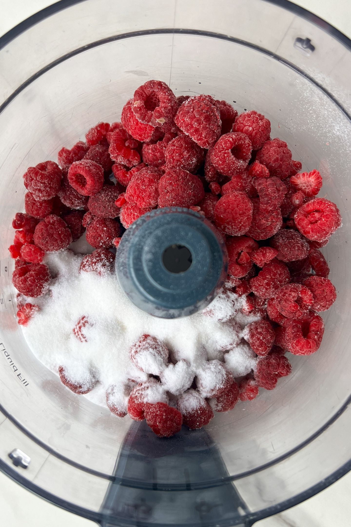Frozen raspberries and granulated sugar in a food processor.