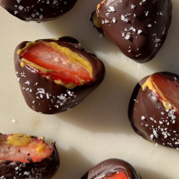Chocolate Covered Strawberries with Pistachio Butter on a serving platter.
