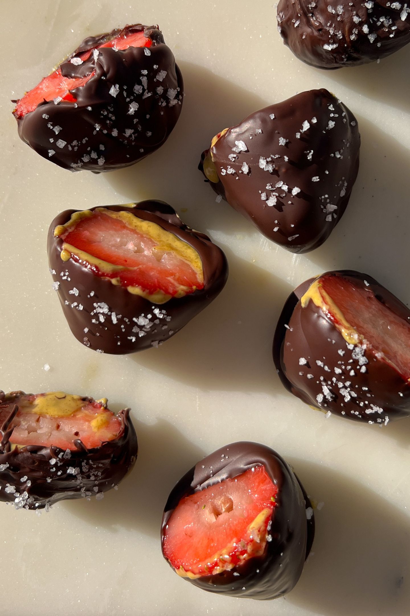 Chocolate Covered Strawberries with Pistachio Butter on a serving platter.