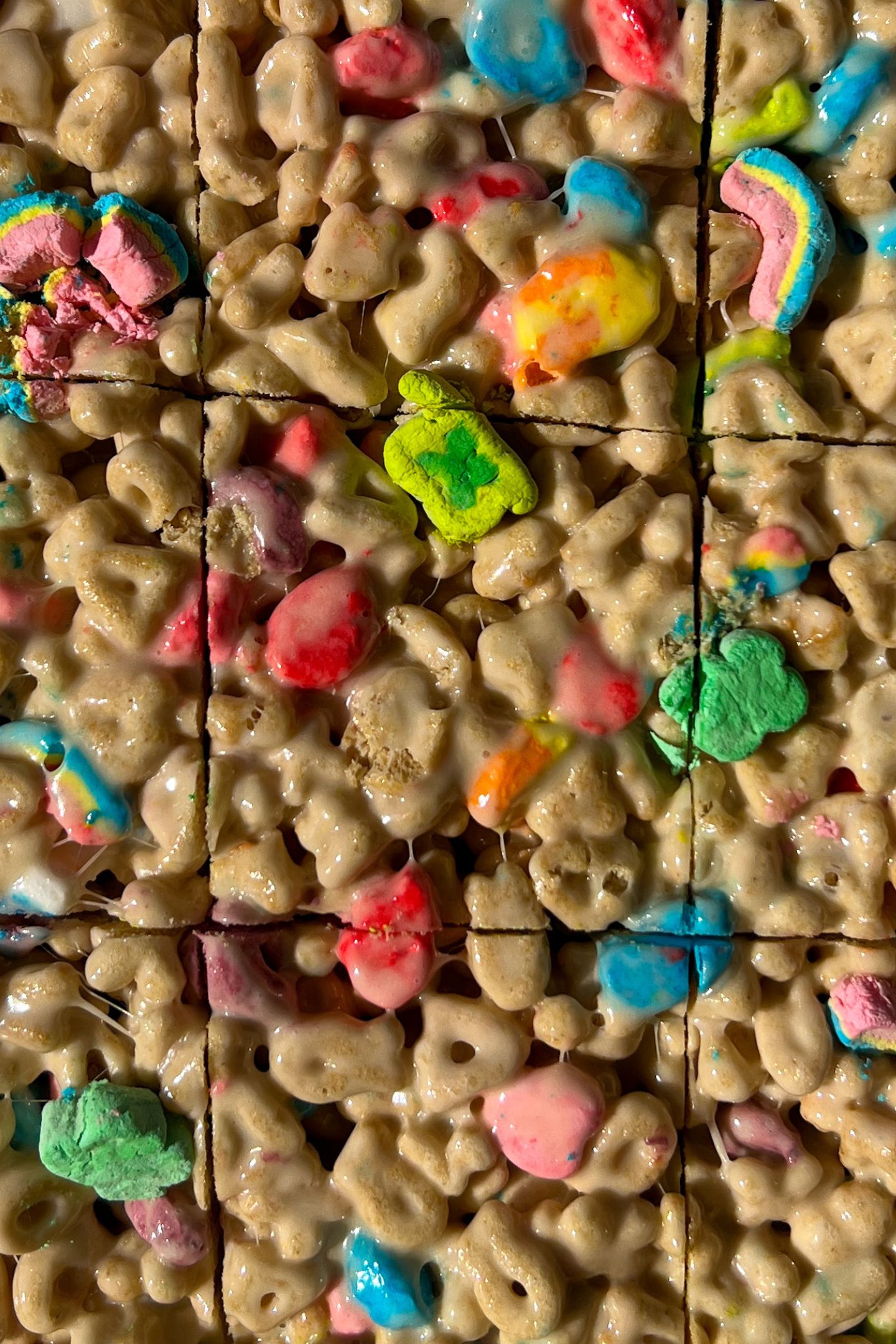 Sliced Lucky Charms Krispie Treats.