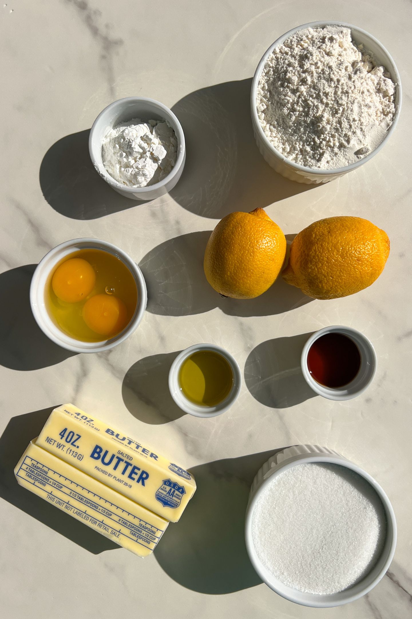 Ingredients measured out in bowls to make Glazed Lemon Brownies.
