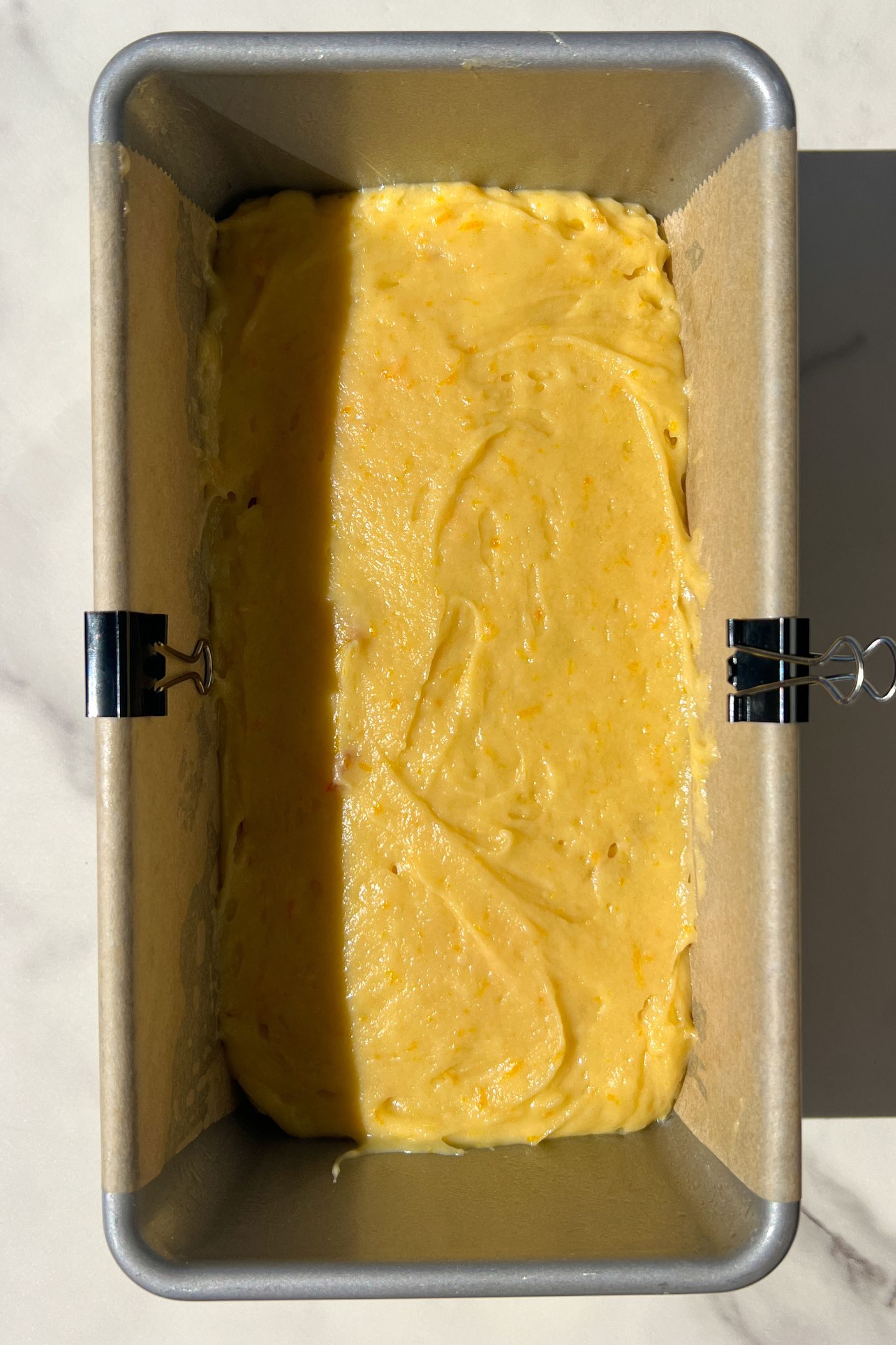 Batter in loaf pan.