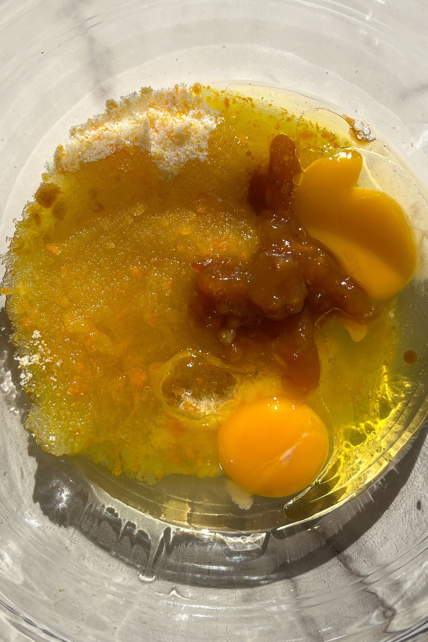 Wet ingredients in a large mixing bowl.