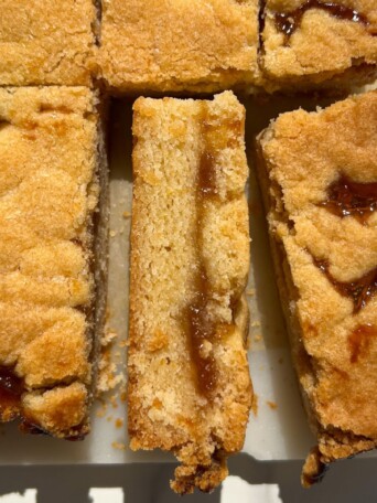 Sliced Apricot Jam Bars with one on its side to show the layers.