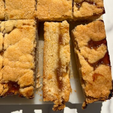 Sliced Apricot Jam Bars with one on its side to show the layers.