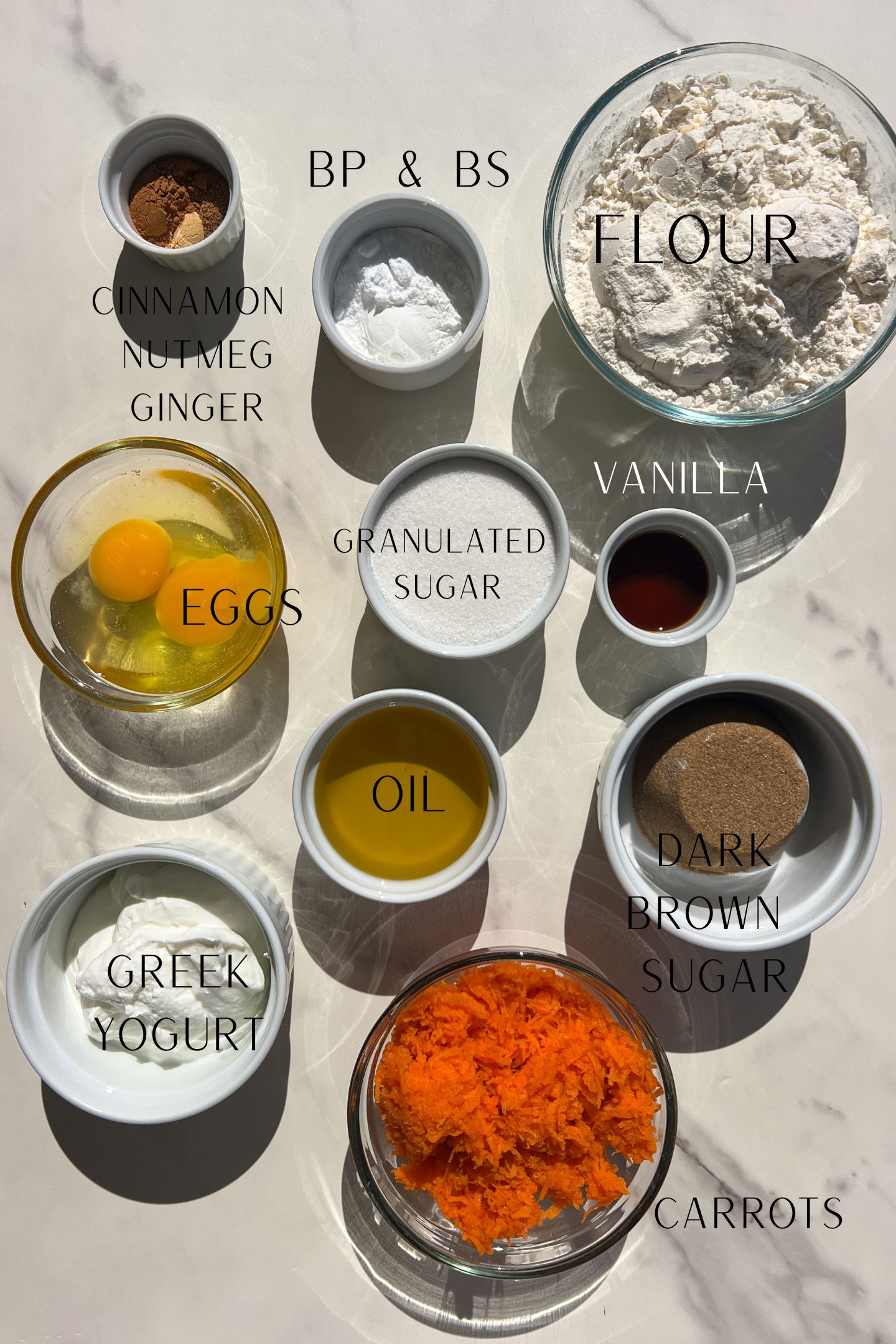 Measured ingredients to make Carrot Loaf Cake.