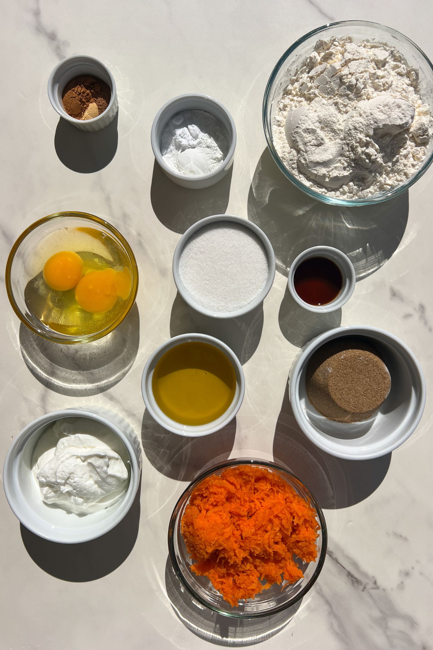 Measured ingredients to make Carrot Loaf Cake.