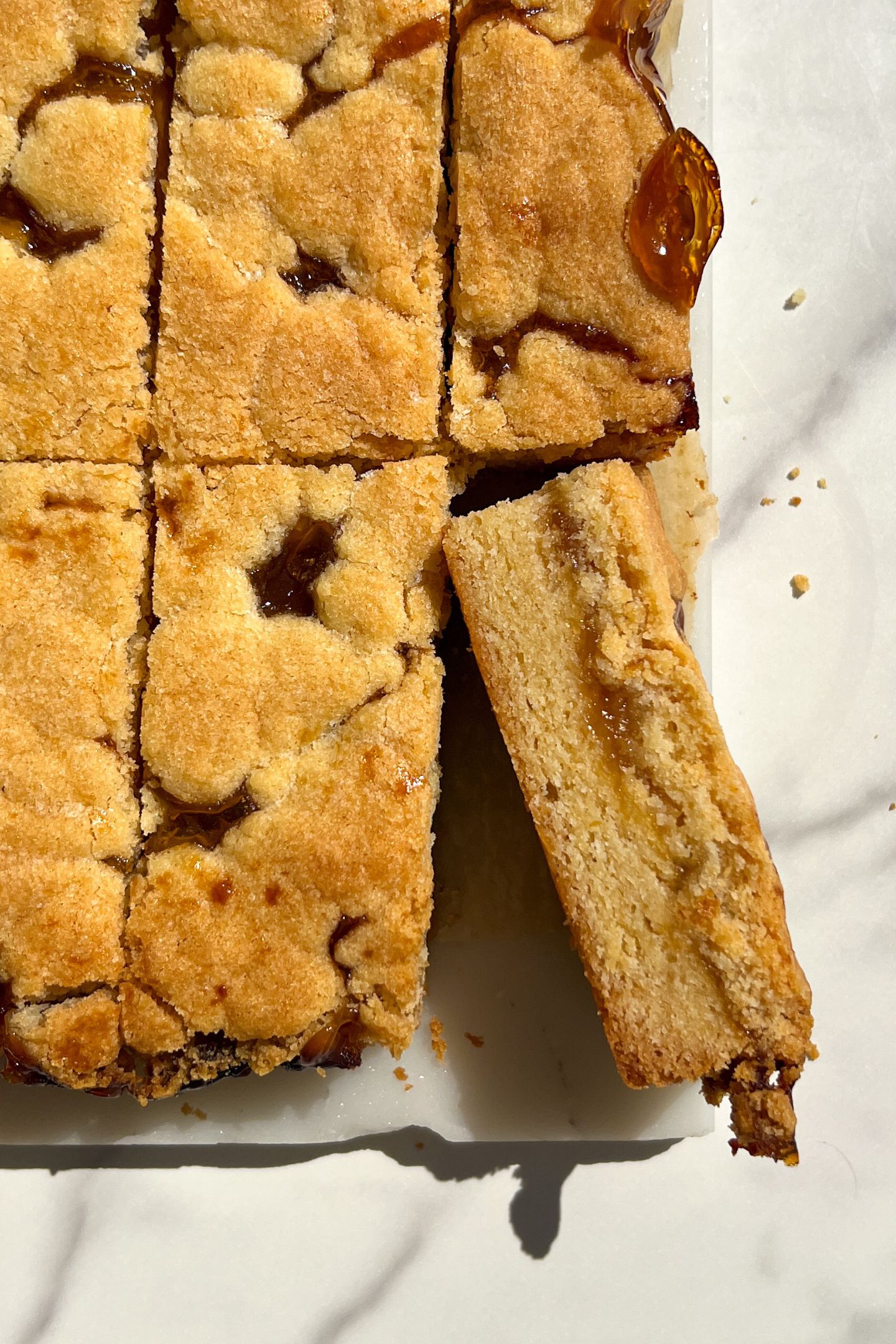 Apricot Bar on its side to show the layers of cookie and jam.
