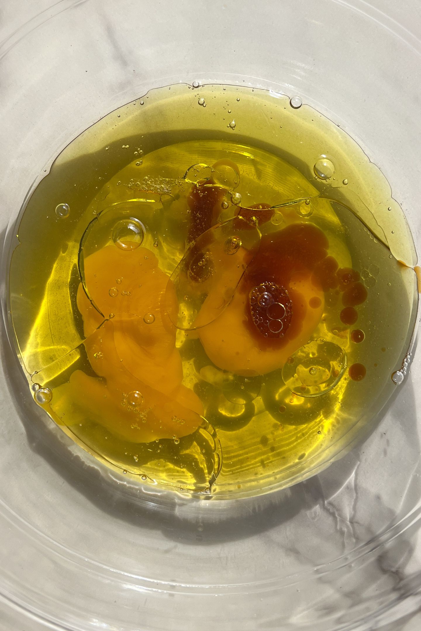 Liquid ingredients in mixing bowl.
