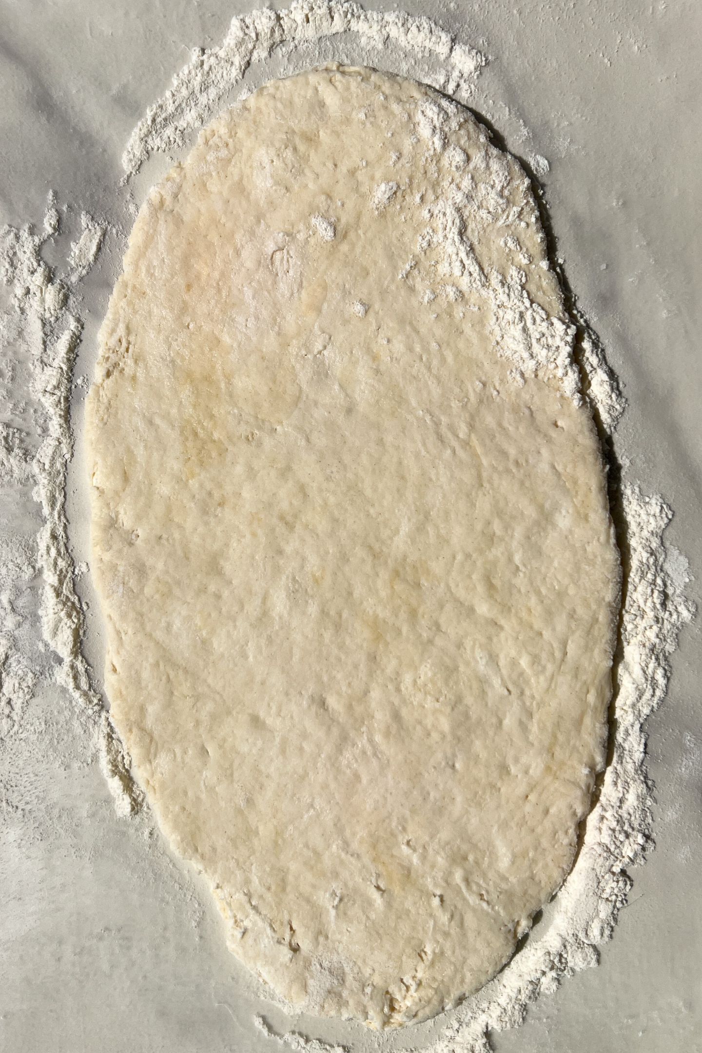 Dough rolled out on floured surface.