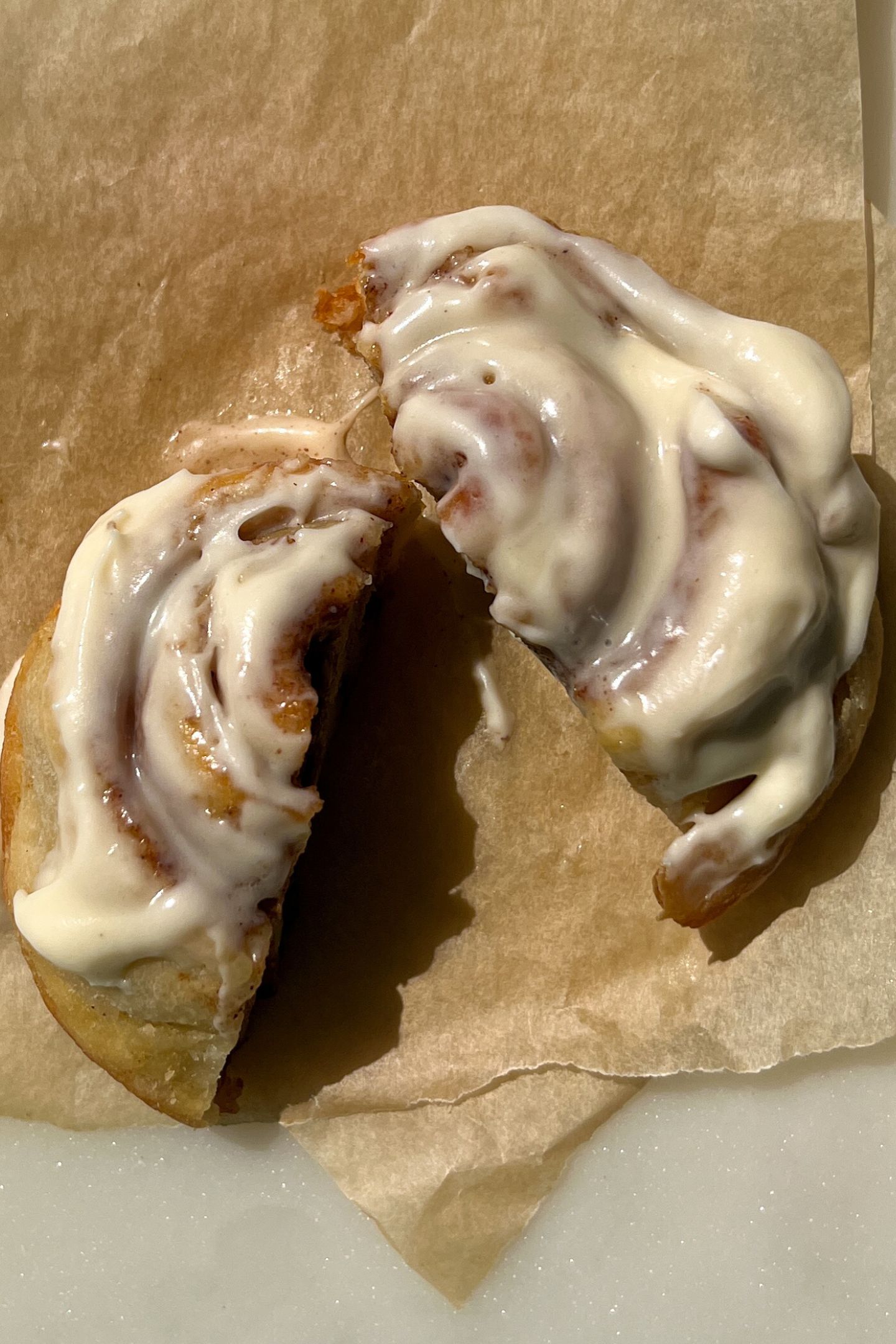 Cinnamon Roll cut in half.