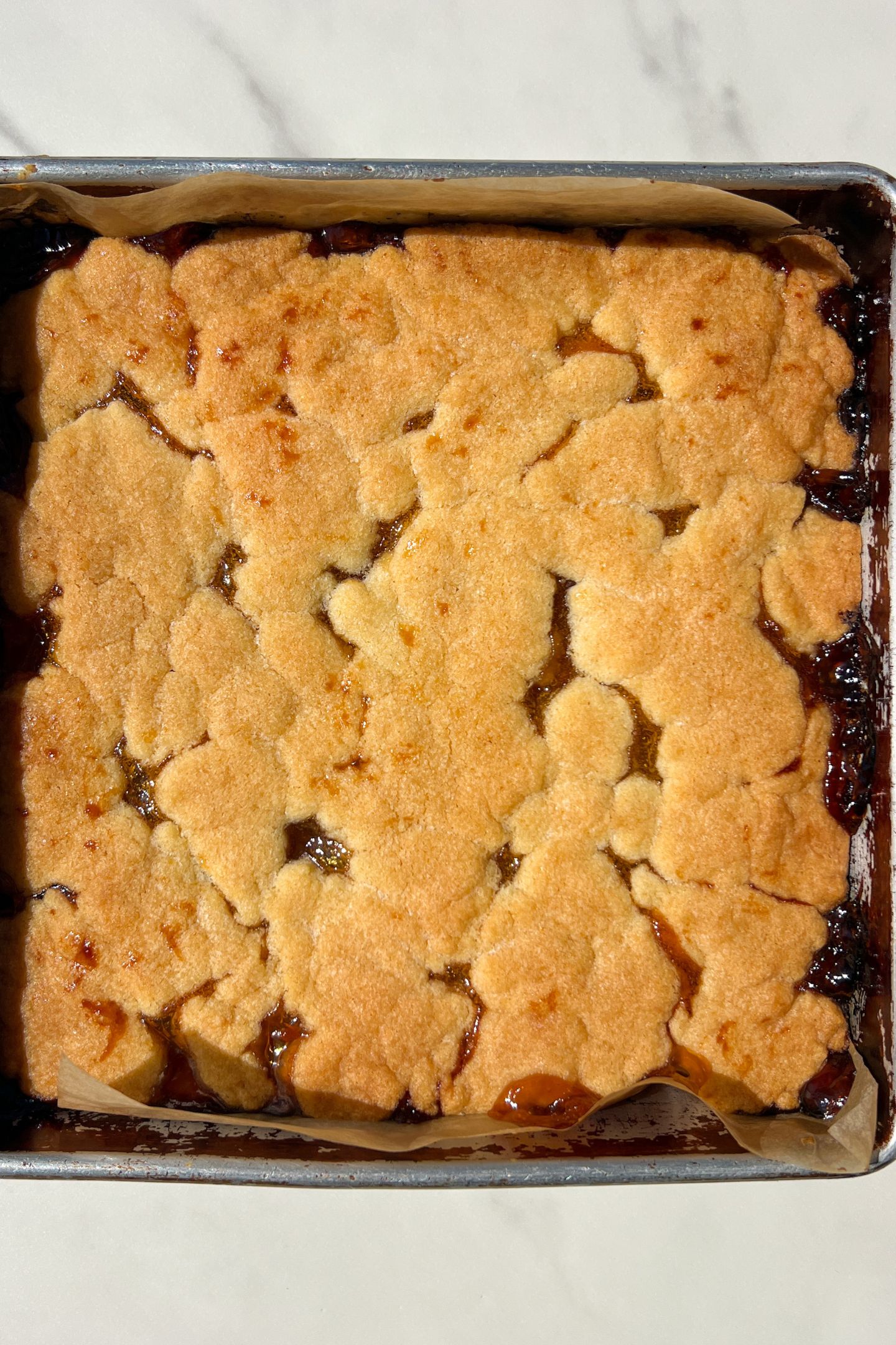 Baked Apricot Bars in the pan.