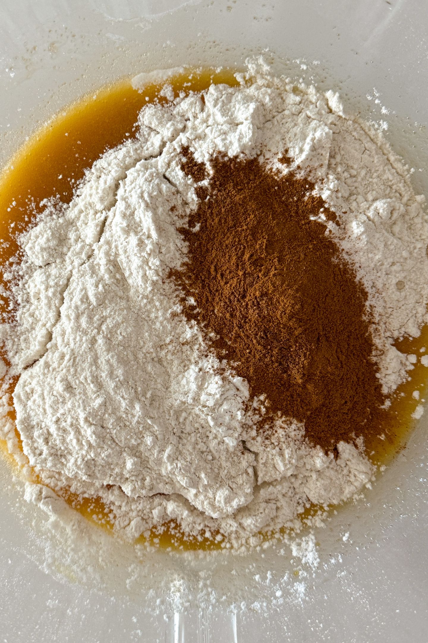 Adding the dry ingredients to the wet.