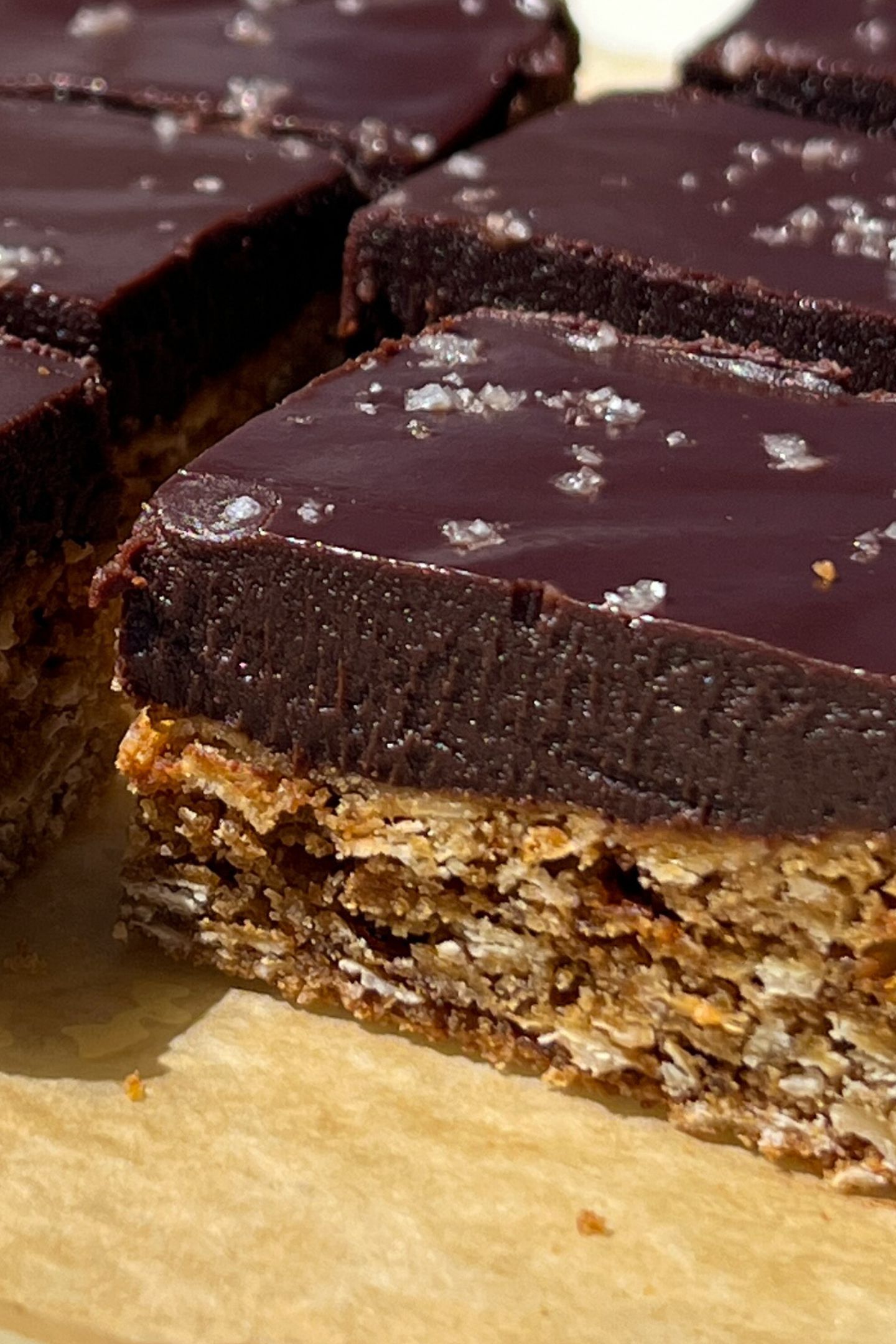 Side view of sliced oatmeal fudge bars.