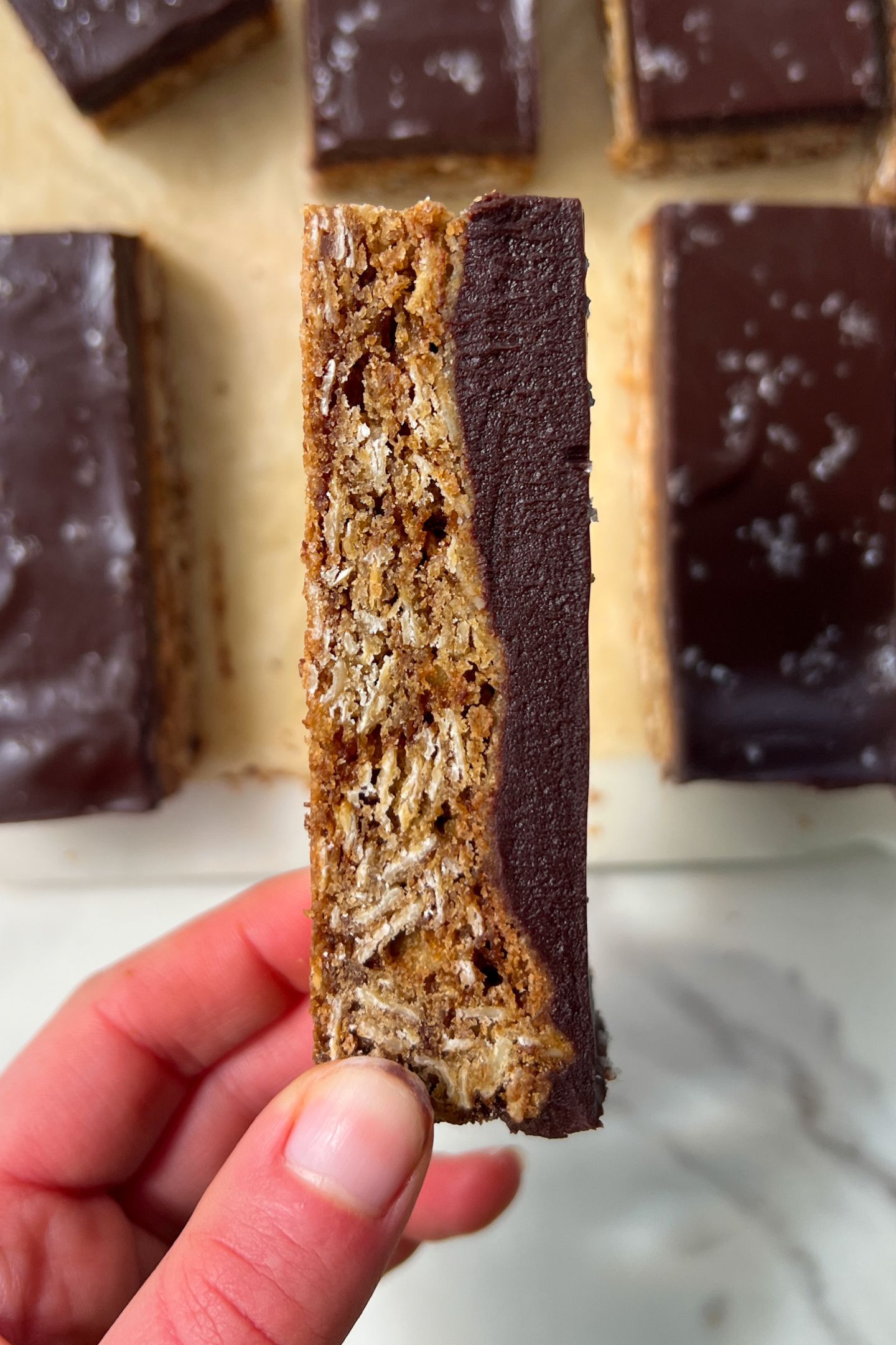 Holding a Oat Fudge Bar in my hand to show the layers.