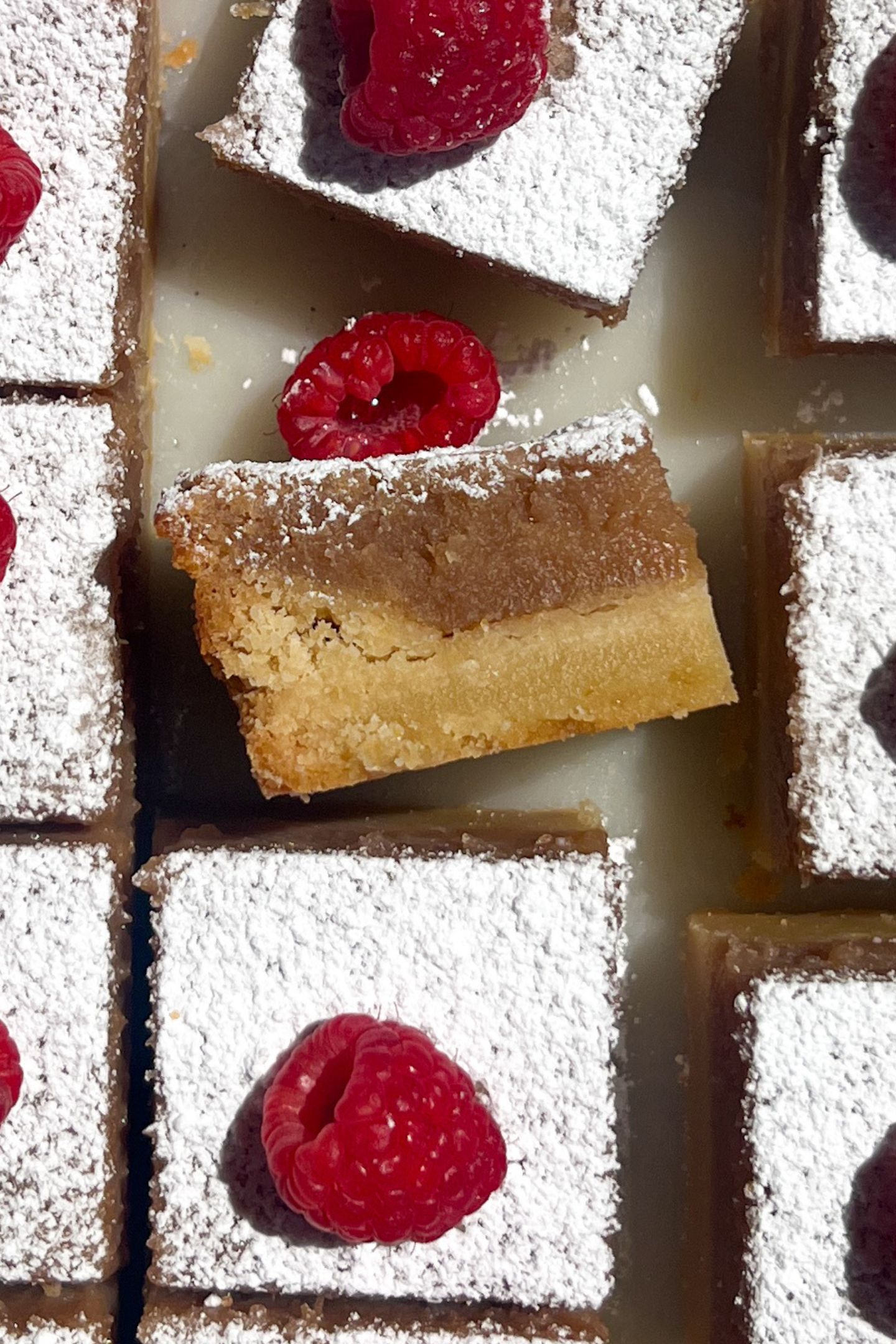 Slice of raspberry lemon bar on its side.