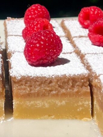 Raspberry lemon bars sliced and topped with powdered sugar.