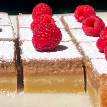 Raspberry lemon bars sliced and topped with powdered sugar.