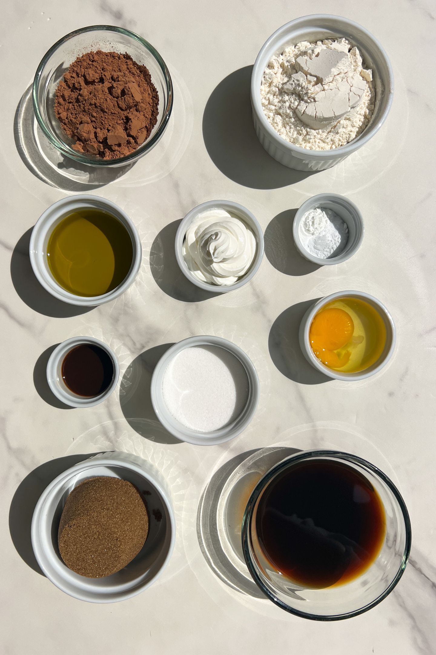 Ingredients measured out to make chocolate cake.