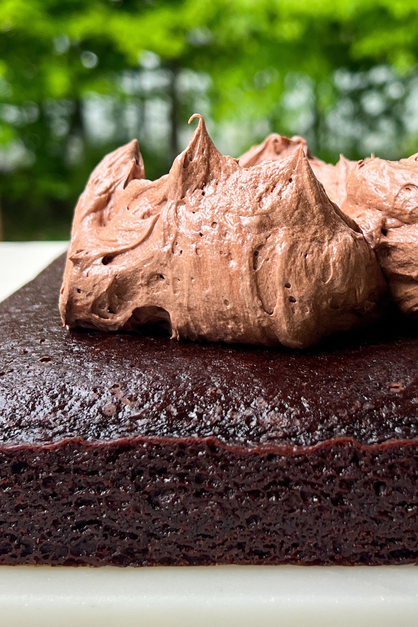 A scoop of chocolate cream cheese frosting on cake.