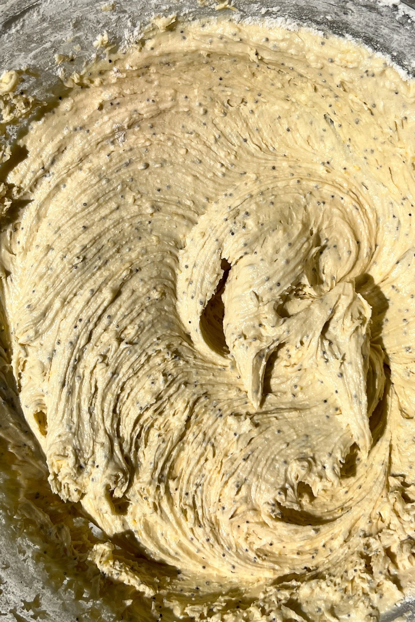 Dry ingredients and wet ingredients combined in a bowl.