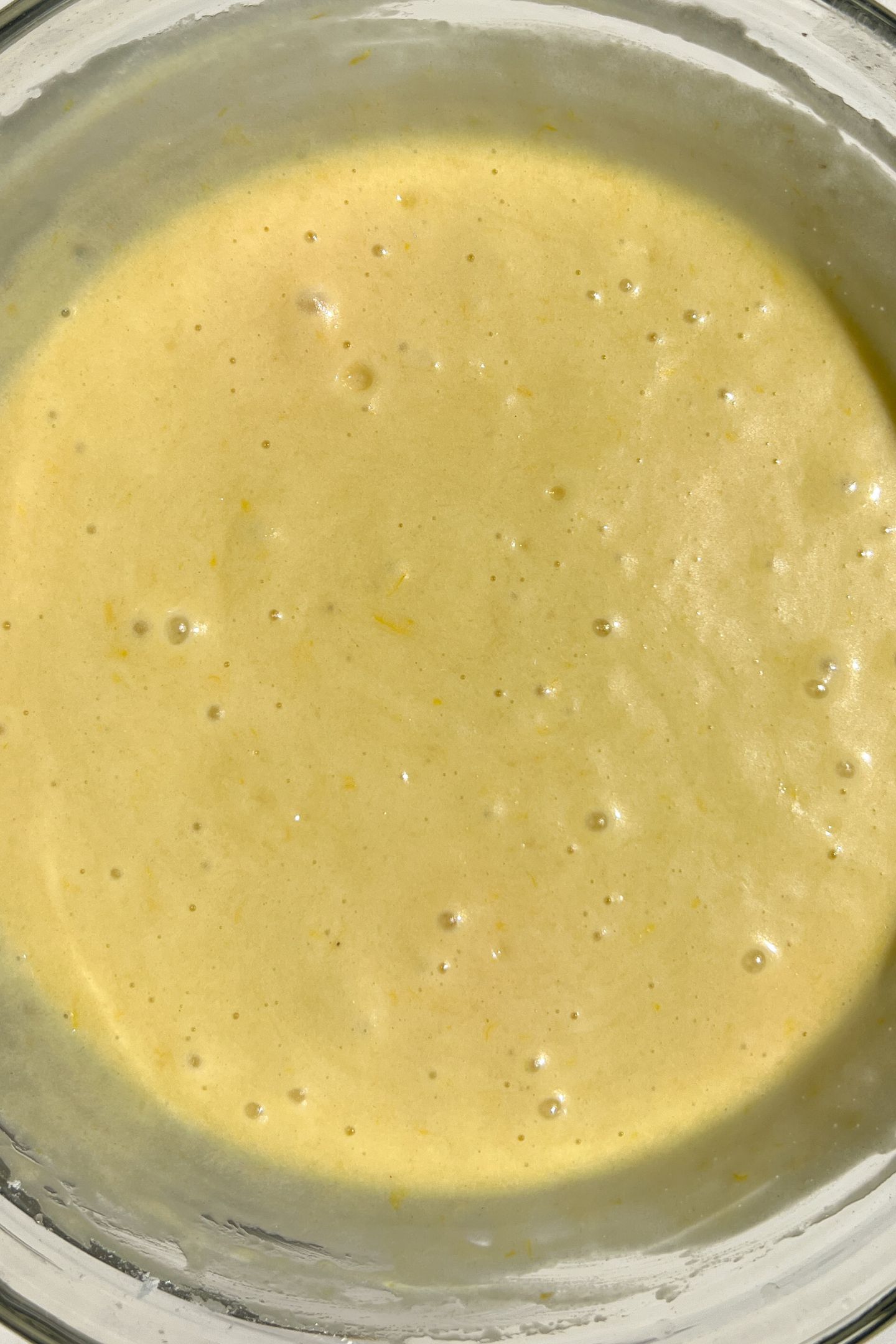 Cake batter in mixing bowl.