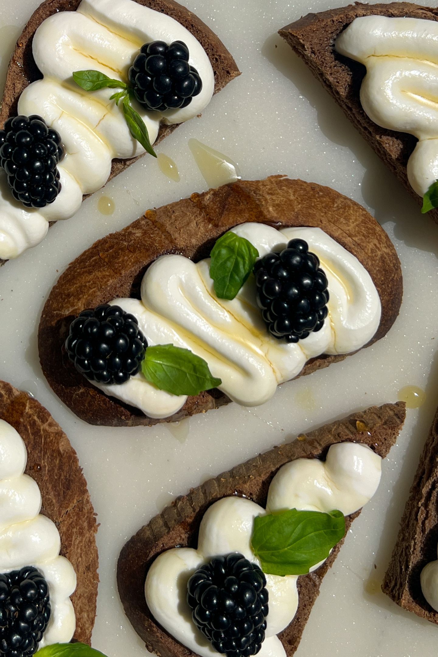 Birds Eye view of Goat Cheese Crostinis prepared on a platter.