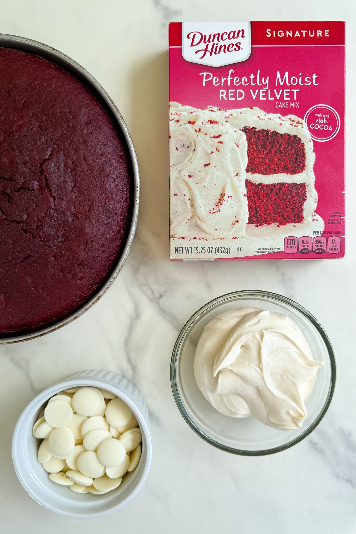 Ingredients measured out to make red velvet cake pops.