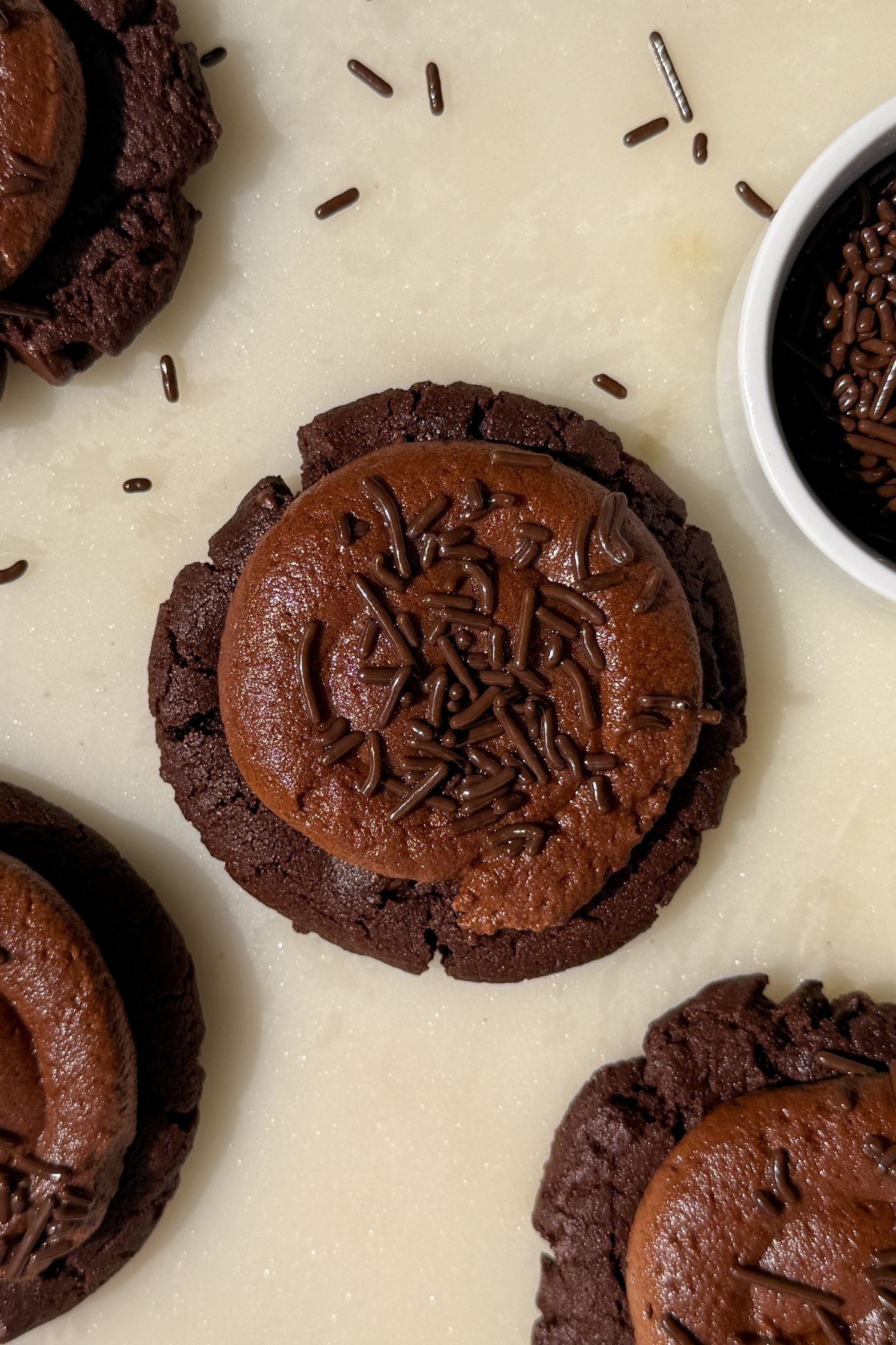A perfect chocolate cookie topped with a chocolate buttercream.