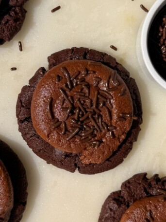 Chocolate cookies topped with a chocolate frosting and sprinkles.