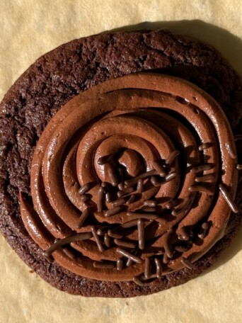 A soft chocolate cookie topped with a rich chocolate frosting and chocolate sprinkles.